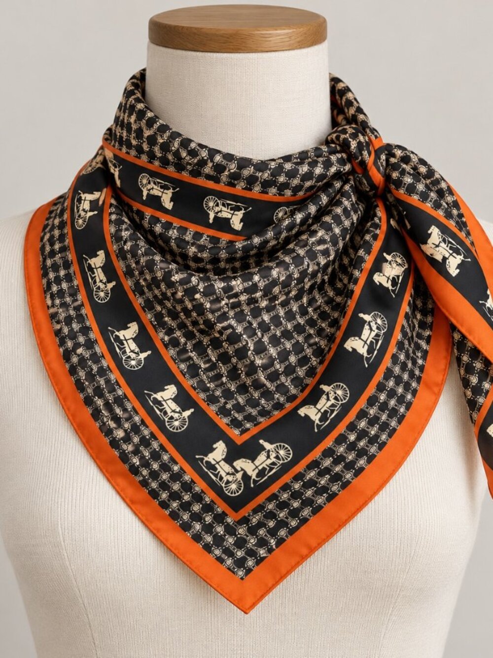 Vintage Style Equestrian Carriage Print Square Scarf Black Orange Silky Feel